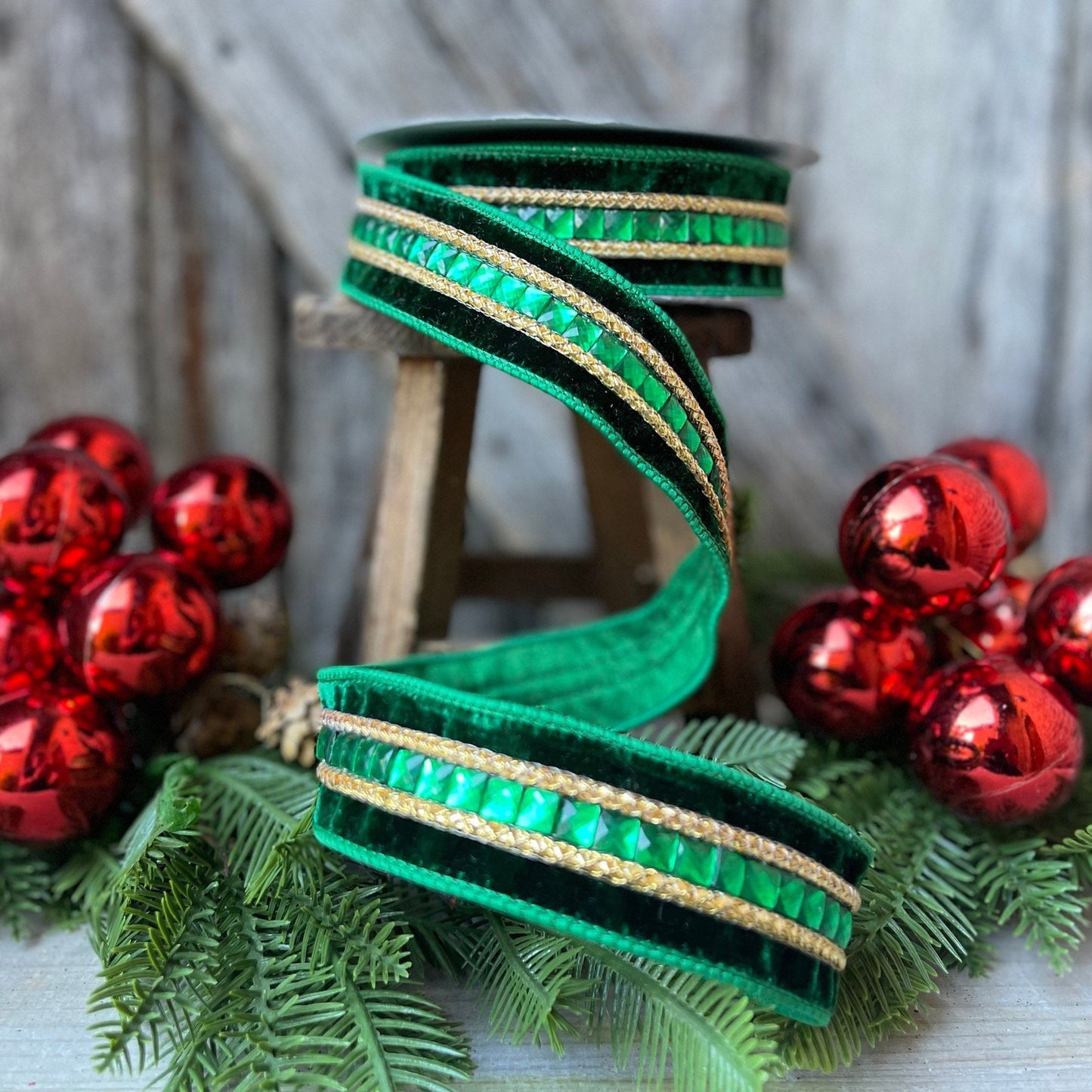 Green Emeral Cut Gemstones Ribbon, 1.5" Emerald velvet jeweled ribbon