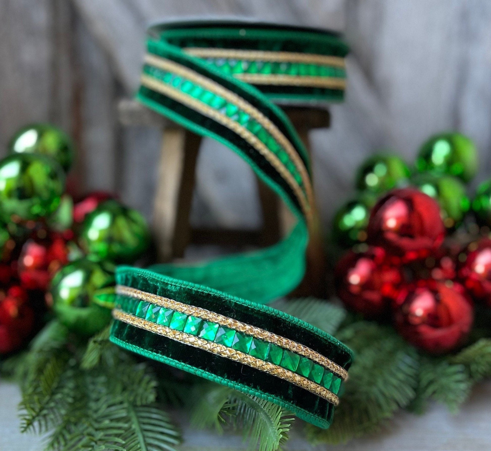 Green Emeral Cut Gemstones Ribbon, 1.5" Emerald velvet jeweled ribbon