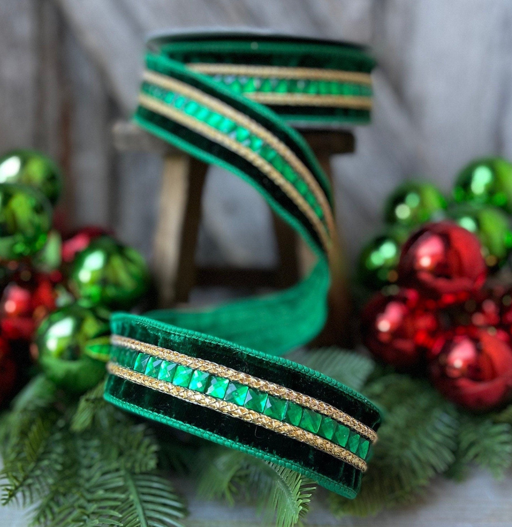 Green Emeral Cut Gemstones Ribbon, 1.5" Emerald velvet jeweled ribbon