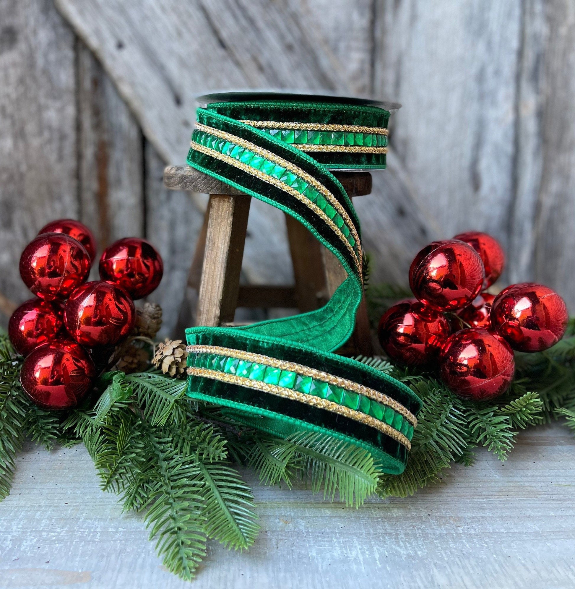 Green Emeral Cut Gemstones Ribbon, 1.5" Emerald velvet jeweled ribbon