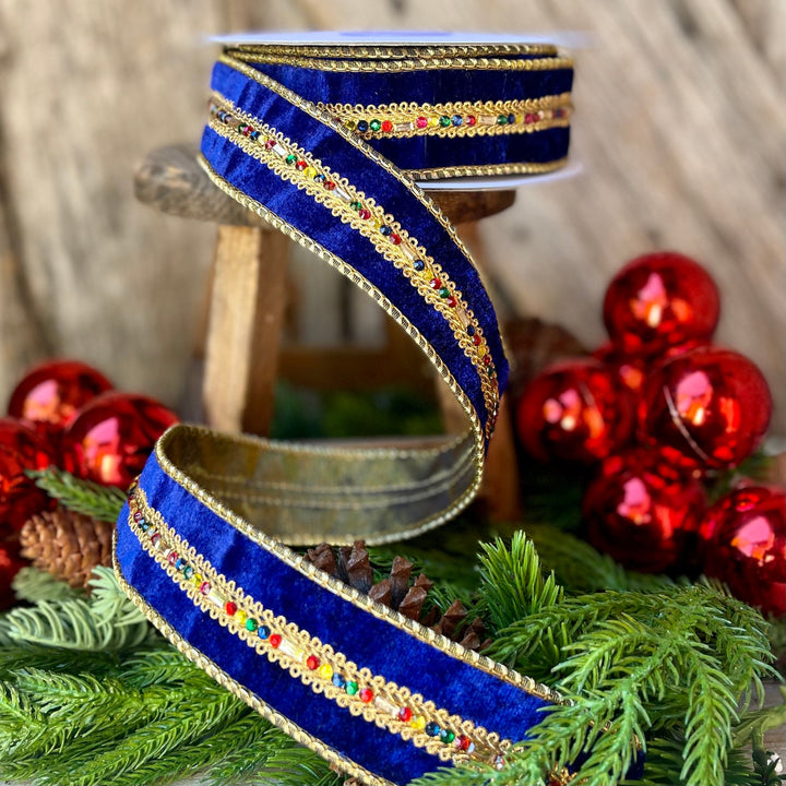 Royal Blue Velvet Jeweled Ribbon, Mutli colored Jeweled Ribbon, Christmas Ribbon