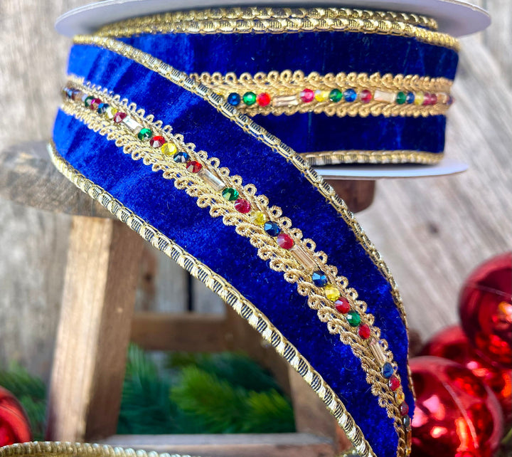 Royal Blue Velvet Jeweled Ribbon, Mutli colored Jeweled Ribbon, Christmas Ribbon