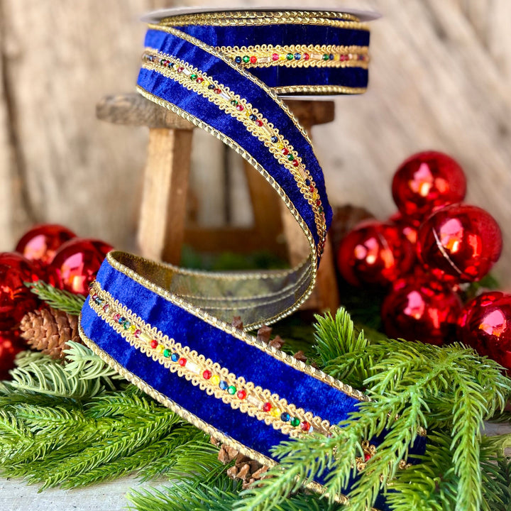 Royal Blue Velvet Jeweled Ribbon, Mutli colored Jeweled Ribbon, Christmas Ribbon