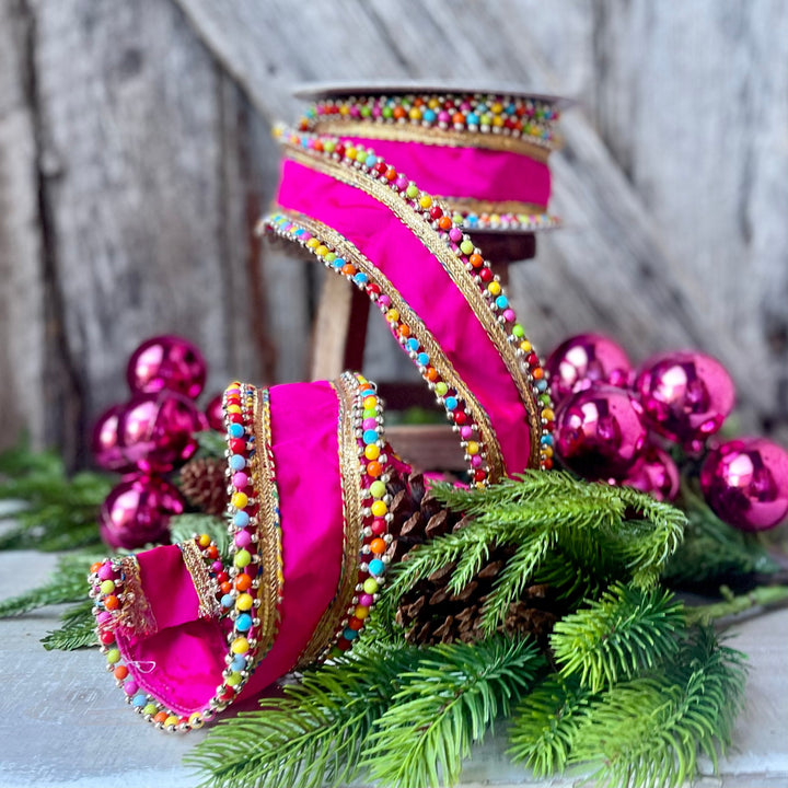 Hot Pink Beaded Christmas Candy Ribbon, Wired ribbon, beaded candy Ribbon