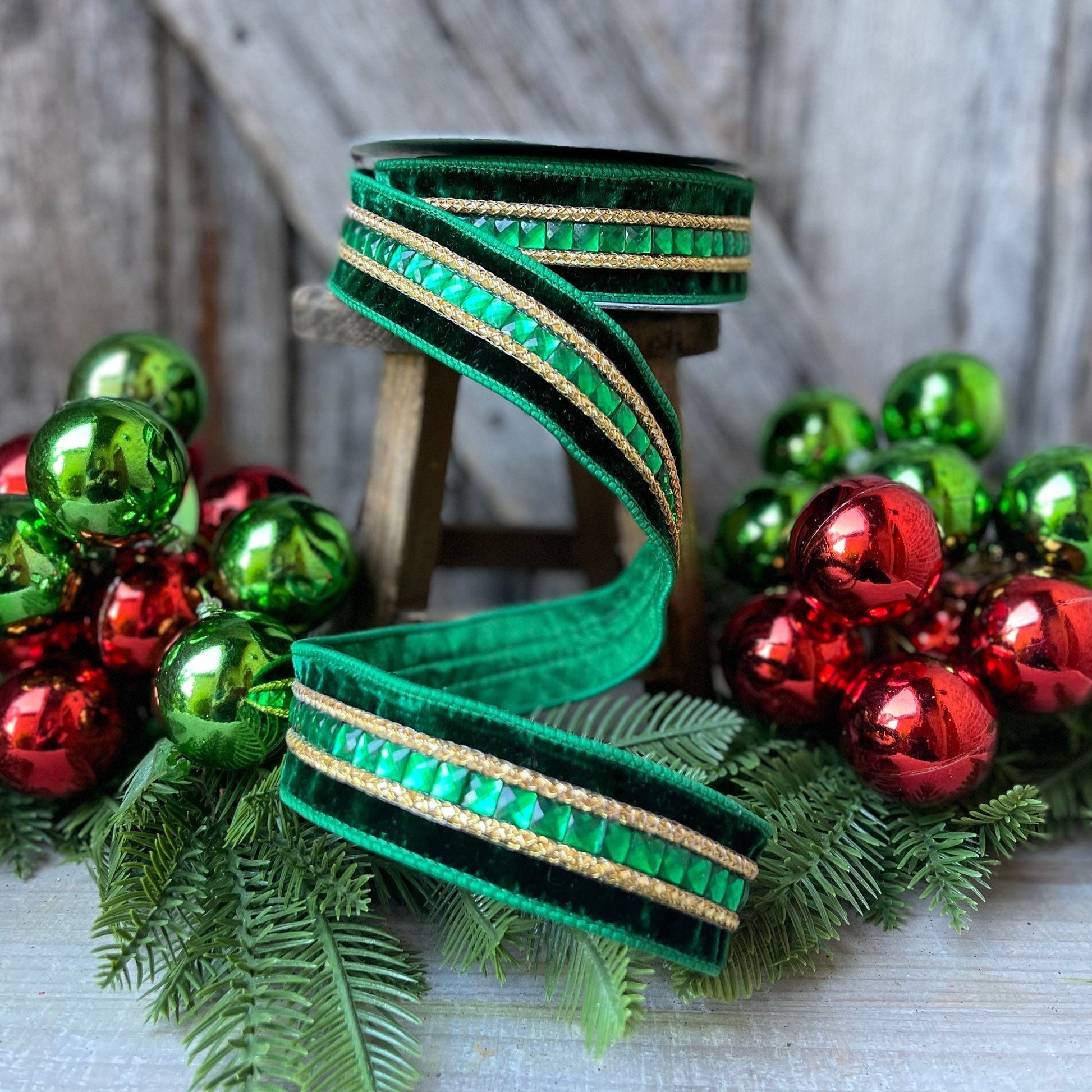 Green Emeral Cut Gemstones Ribbon, 1.5" Emerald velvet jeweled ribbon