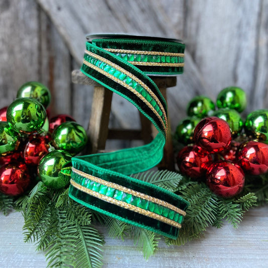 Green Emeral Cut Gemstones Ribbon, 1.5" Emerald velvet jeweled ribbon