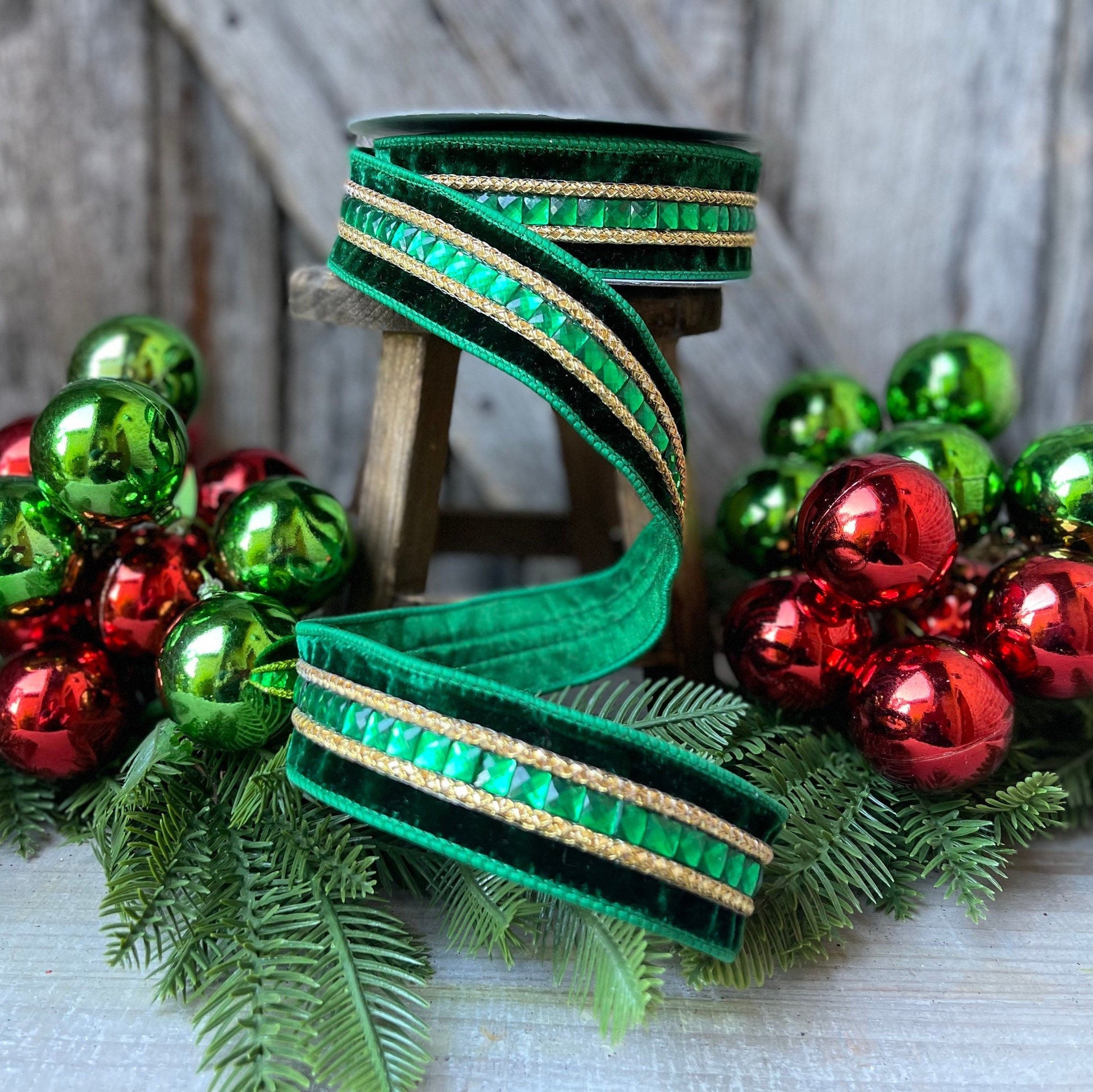 Green Emeral Cut Gemstones Ribbon, 1.5" Emerald velvet jeweled ribbon