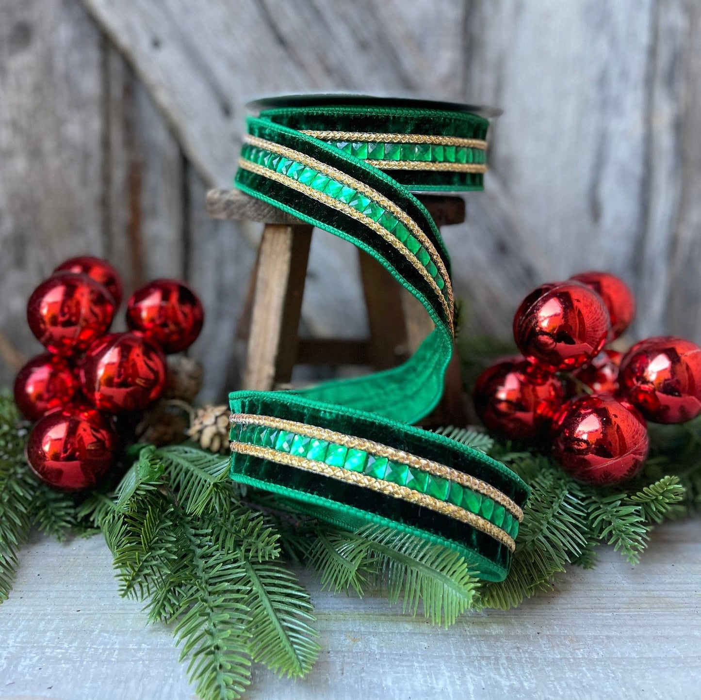 Green Emeral Cut Gemstones Ribbon, 1.5" Emerald velvet jeweled ribbon