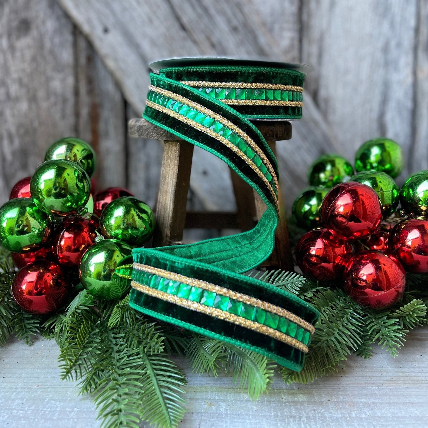 Green Emeral Cut Gemstones Ribbon, 1.5" Emerald velvet jeweled ribbon
