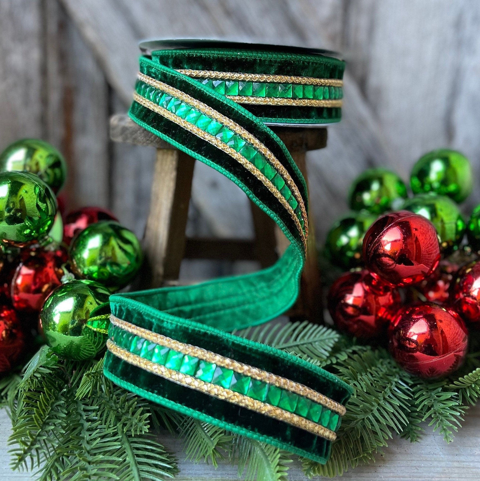 Green Emeral Cut Gemstones Ribbon, 1.5" Emerald velvet jeweled ribbon