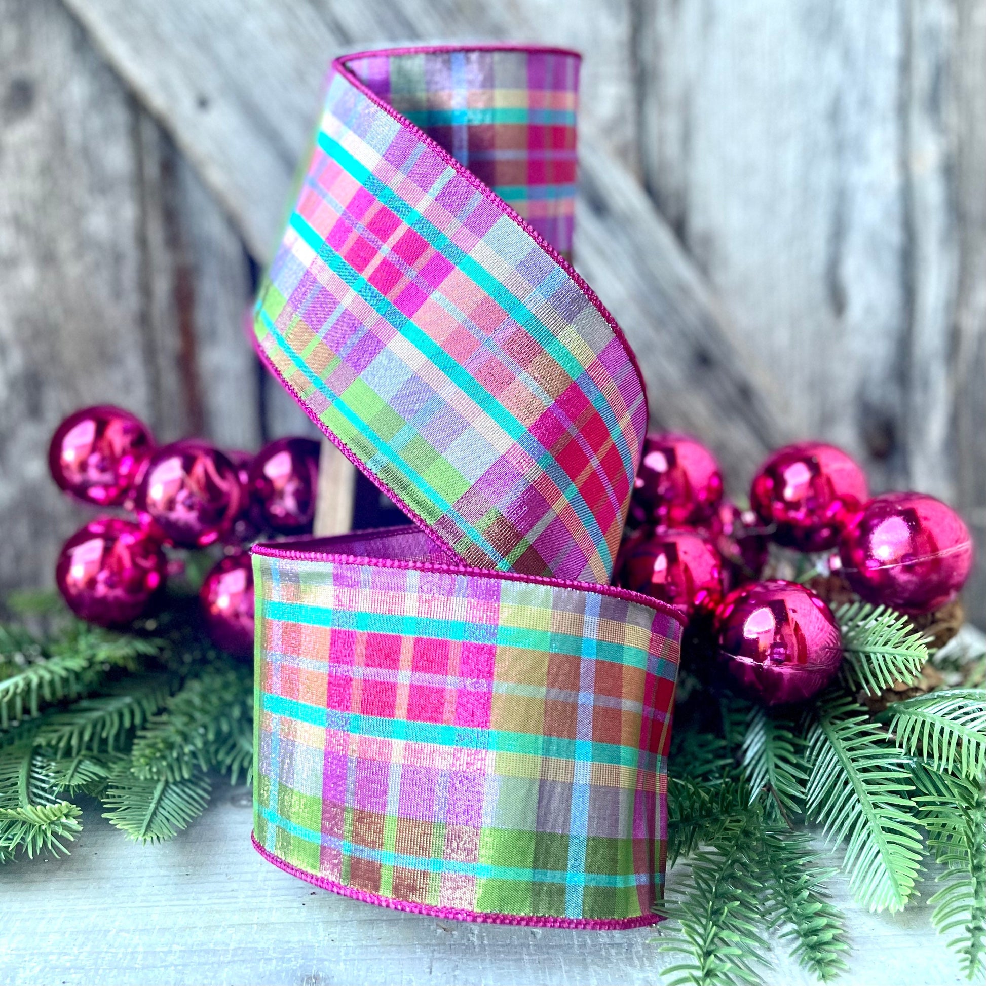 4" Christmas Pastel Candy Plaid Ribbon, Farrisilk Ribbon, Christmas Tree