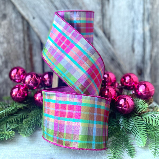 4" Christmas Pastel Candy Plaid Ribbon, Farrisilk Ribbon, Christmas Tree
