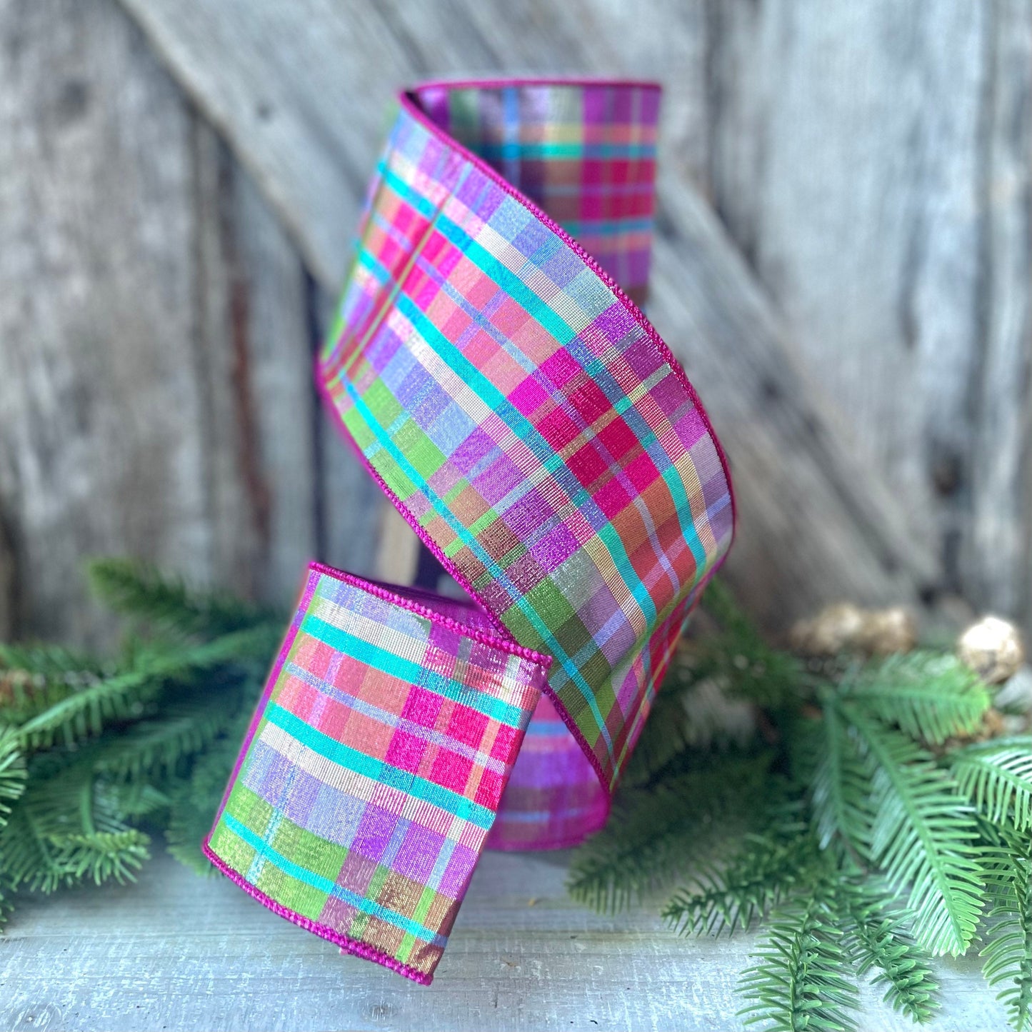 4" Christmas Pastel Candy Plaid Ribbon, Farrisilk Ribbon, Christmas Tree