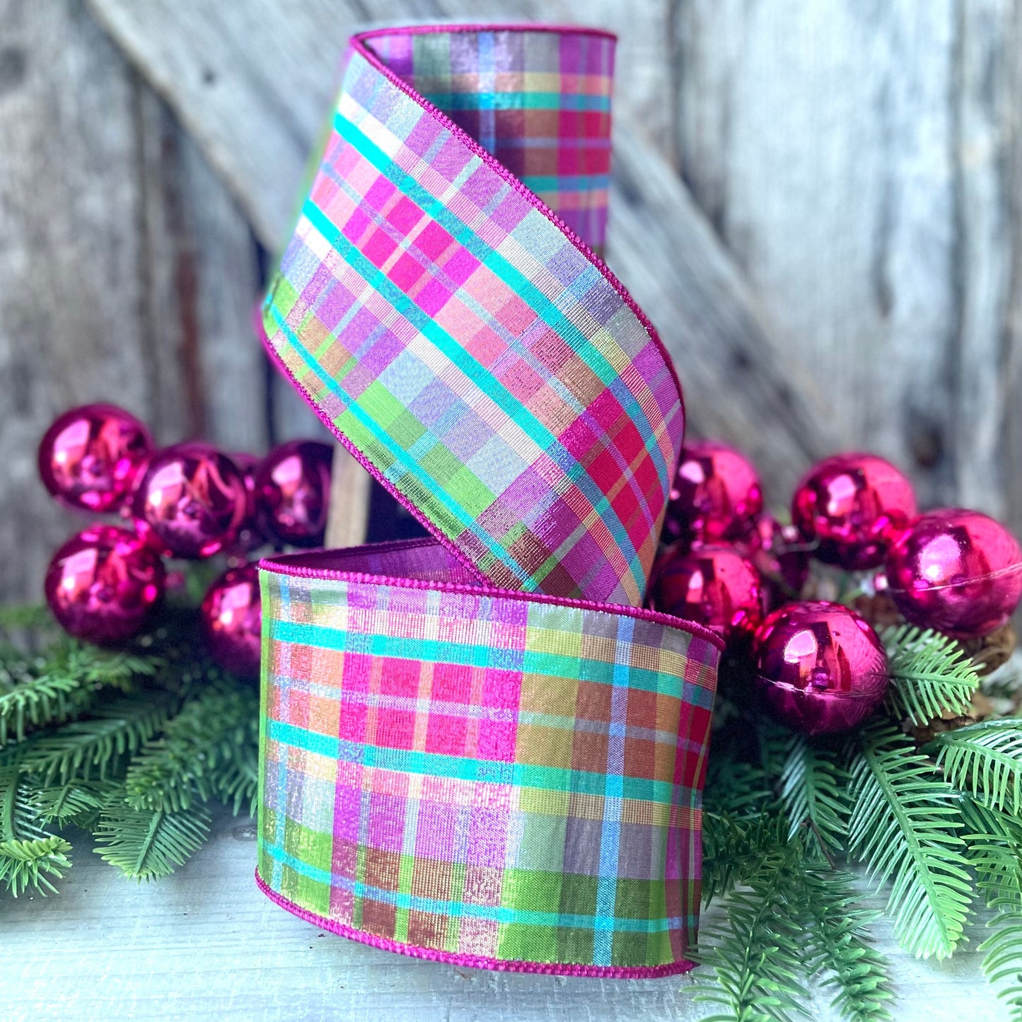4" Christmas Pastel Candy Plaid Ribbon, Farrisilk Ribbon, Christmas Tree