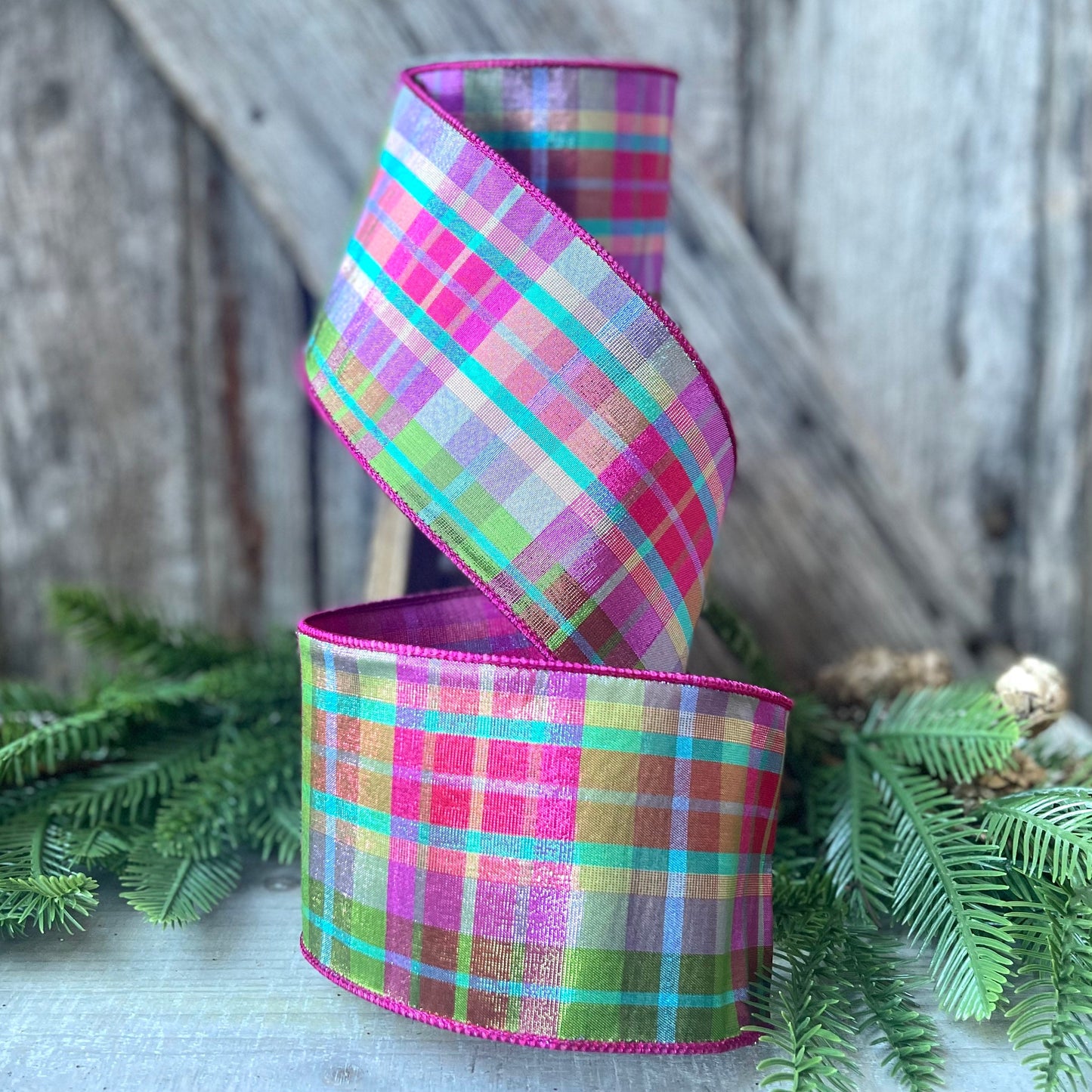 4" Christmas Pastel Candy Plaid Ribbon, Farrisilk Ribbon, Christmas Tree
