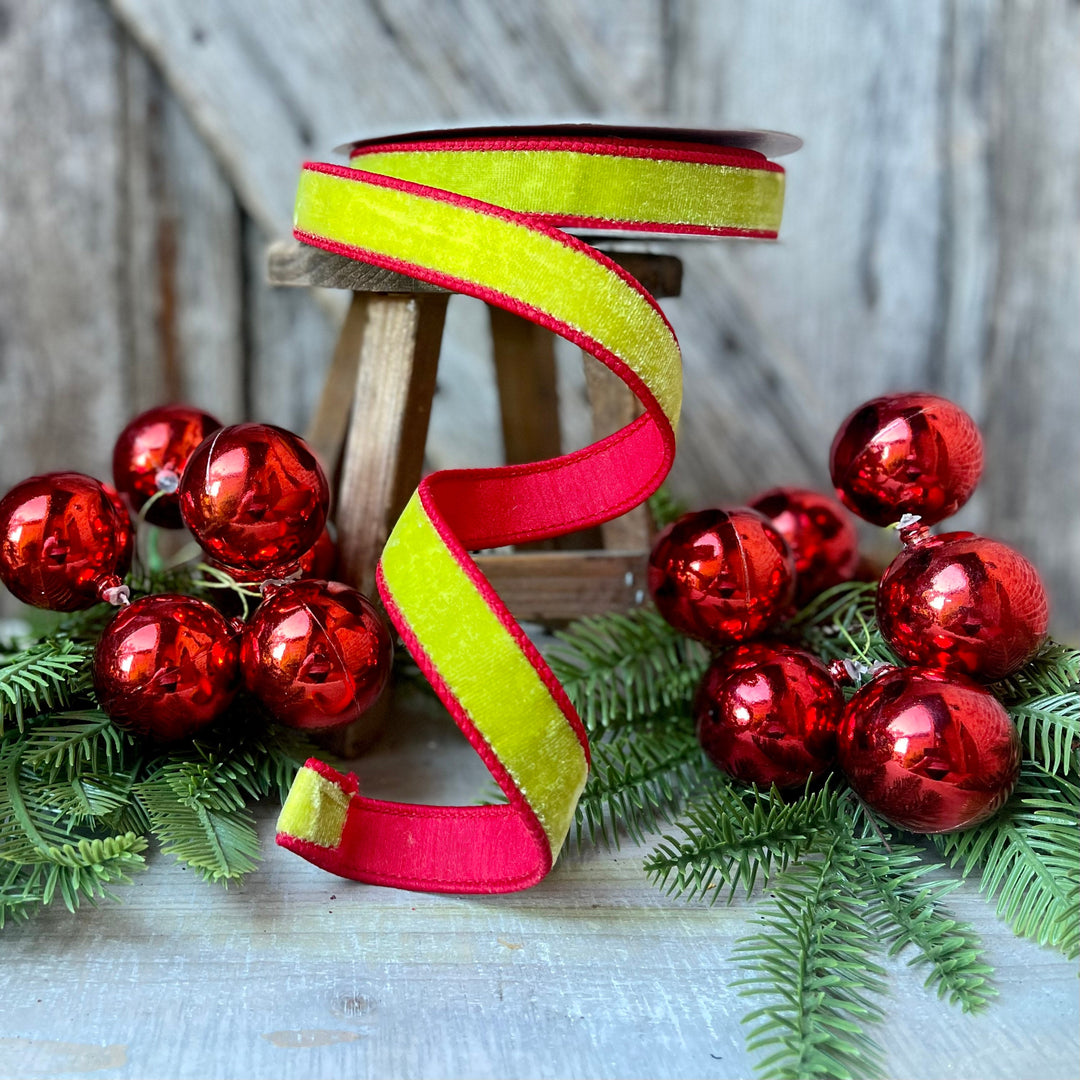 1" Lime Green Red Velvet Ribbon, Farrisilk ribbon, Christmas velvet ribbon