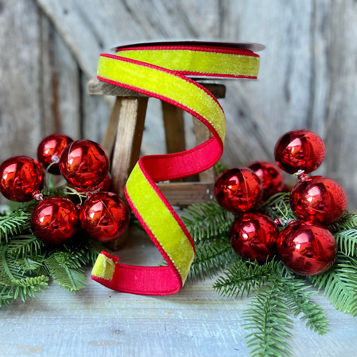 1" Lime Green Red Velvet Ribbon, Farrisilk ribbon, Christmas velvet ribbon