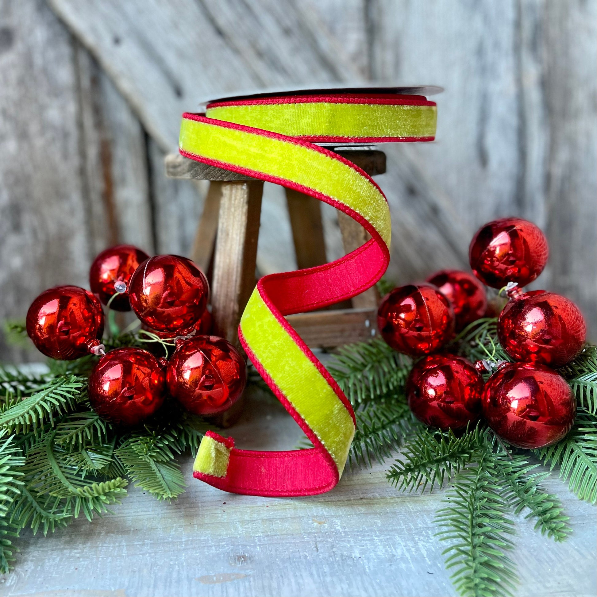 1" Two Tone Velvet in Lime Green and Red, Farrisilk ribbon, velvet ribbon