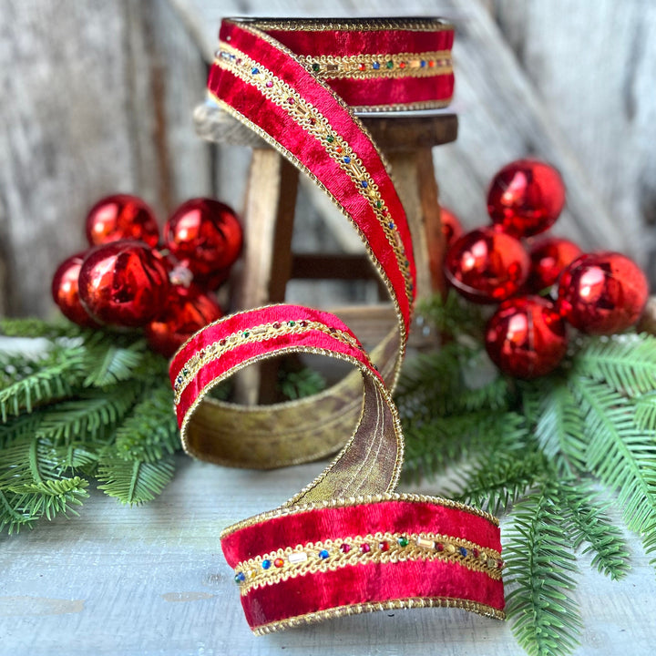 Red Velvet Jeweled Ribbon, Mutli colored Jeweled Ribbon