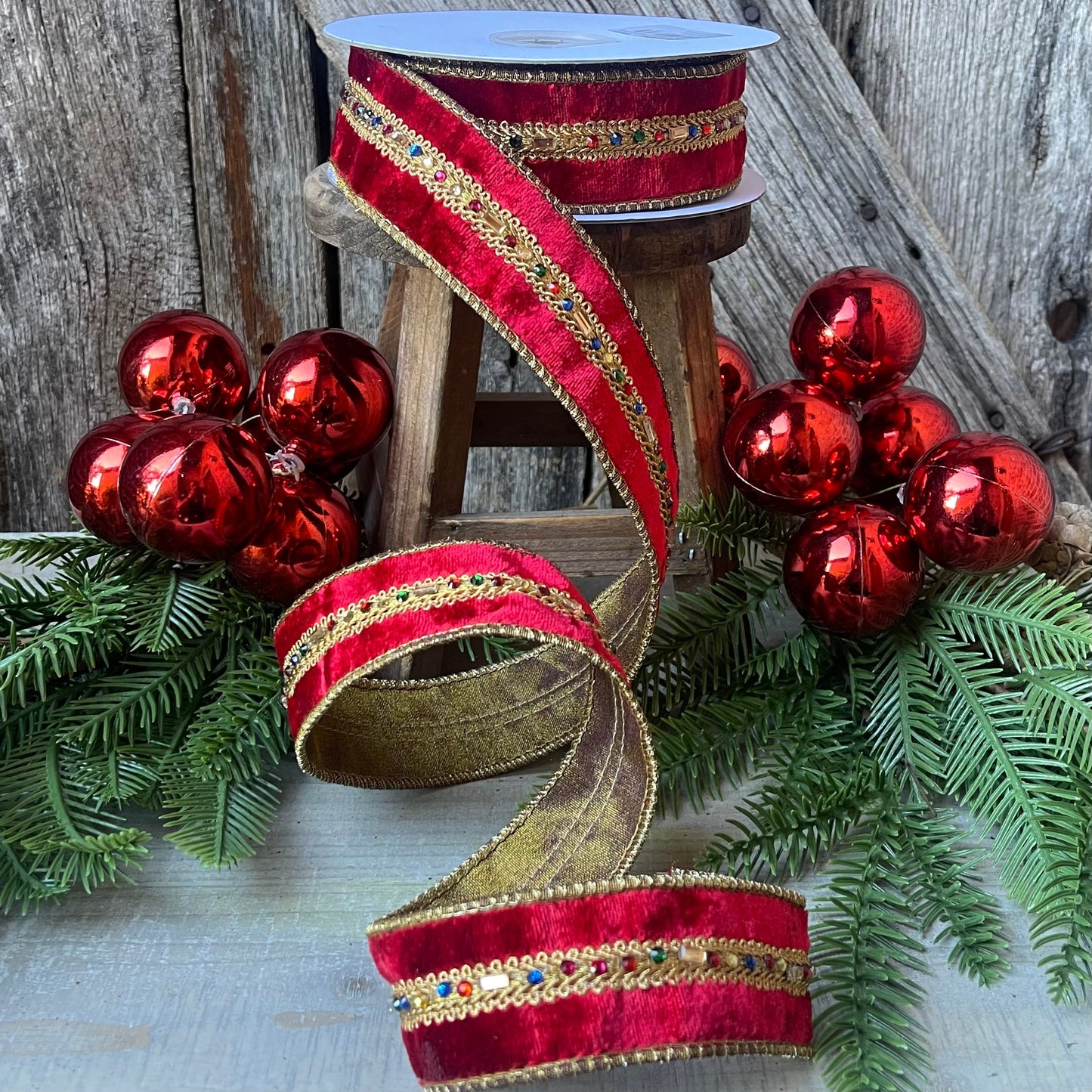 Red Velvet Jeweled Ribbon, Mutli colored Jeweled Ribbon, Christmas Ribbon