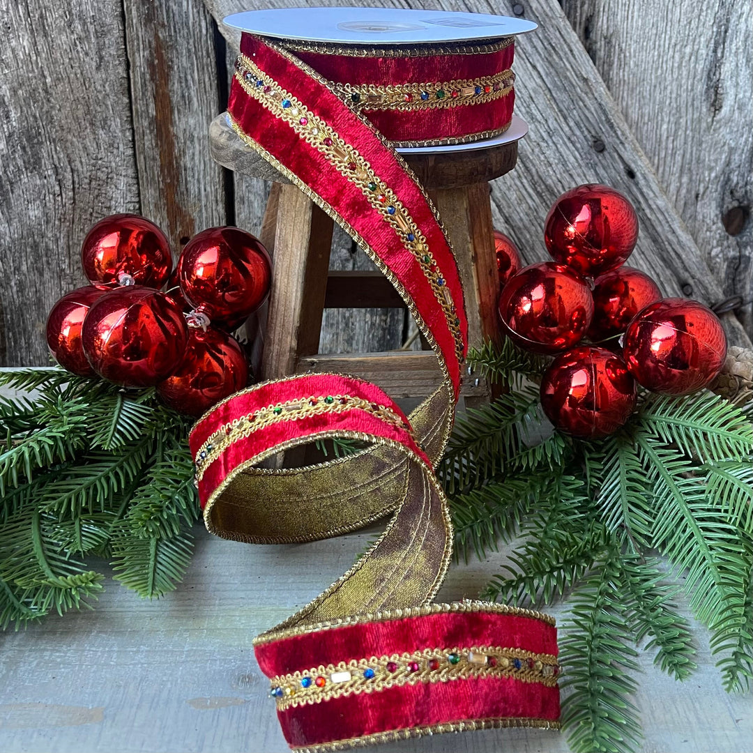 Red Velvet Jeweled Ribbon, Mutli colored Jeweled Ribbon
