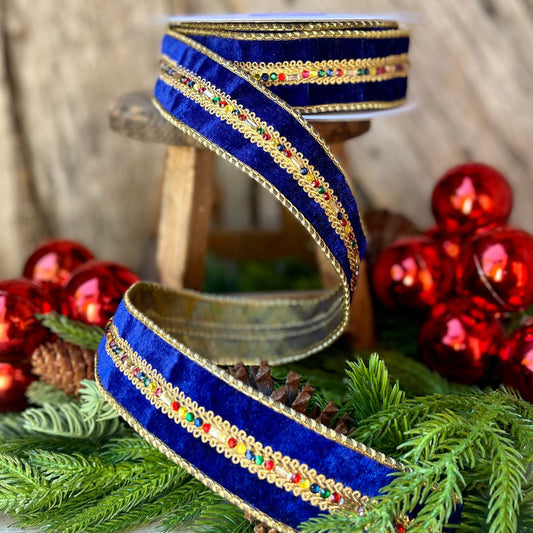 Royal Blue Velvet Jeweled Ribbon, Mutli colored Jeweled Ribbon, Christmas Ribbon