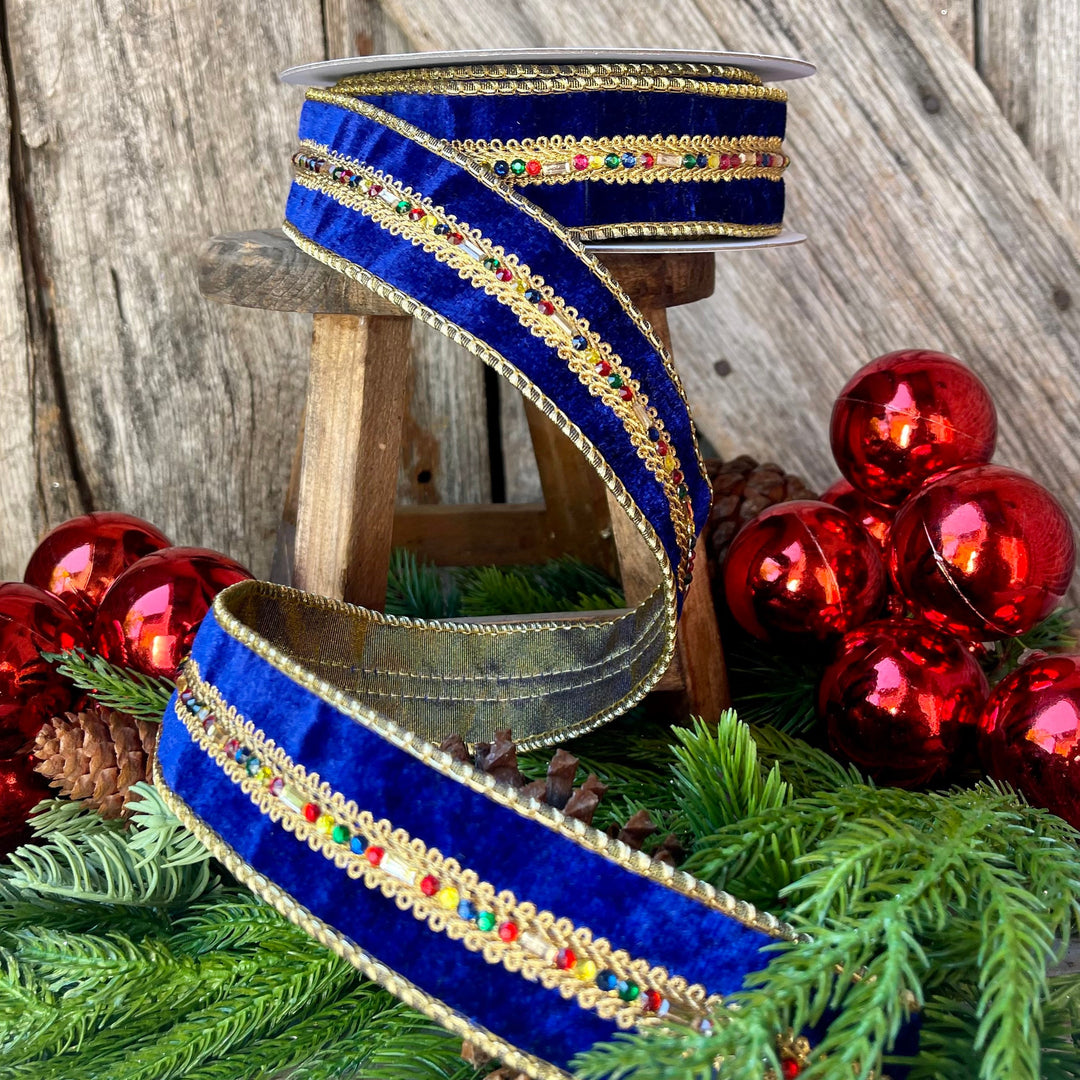 Royal Blue Velvet Jeweled Ribbon, Mutli colored Jeweled Ribbon, Christmas Ribbon