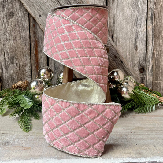 4" Pink Metallic Diamonds Velvet Ribbon, Farrisilk Ribbon, Pink Velvet