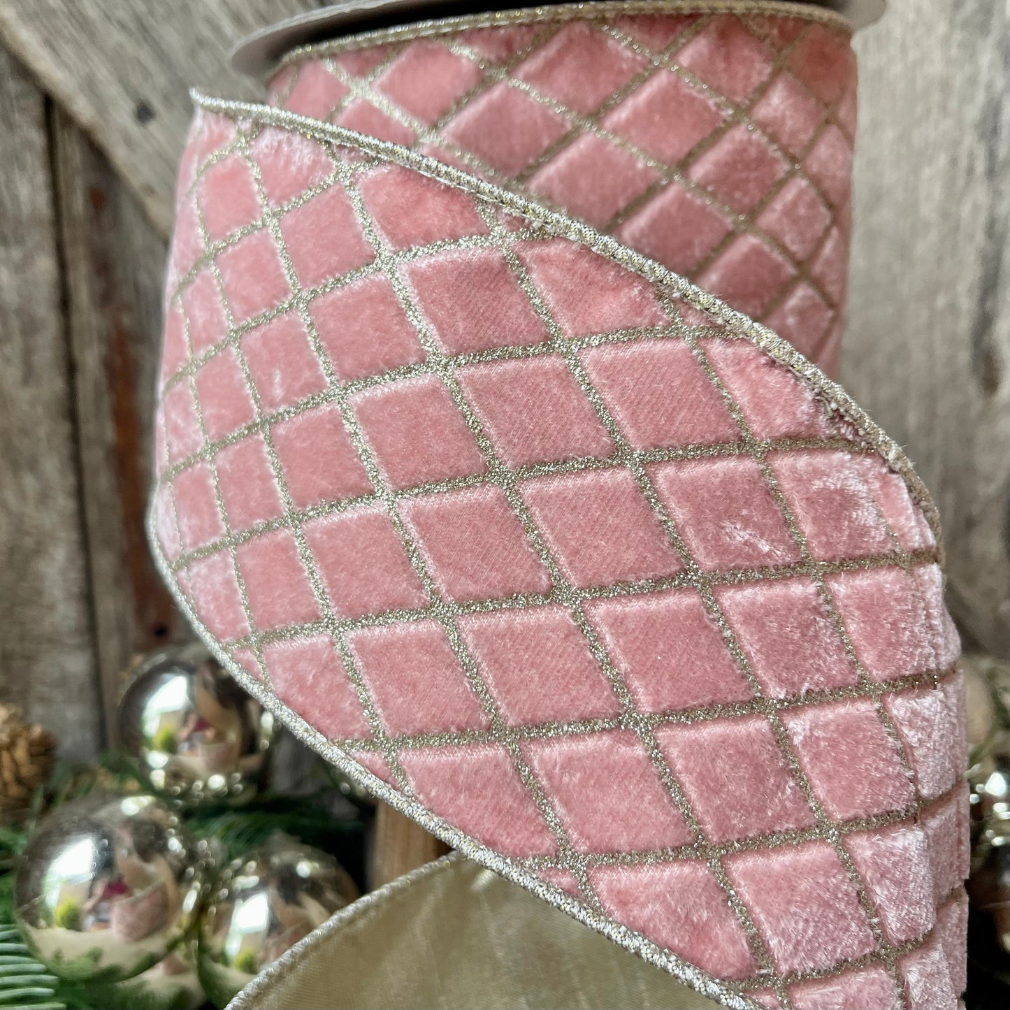 4" Pink Metallic Diamonds Velvet Ribbon, Farrisilk Ribbon, Pink Velvet