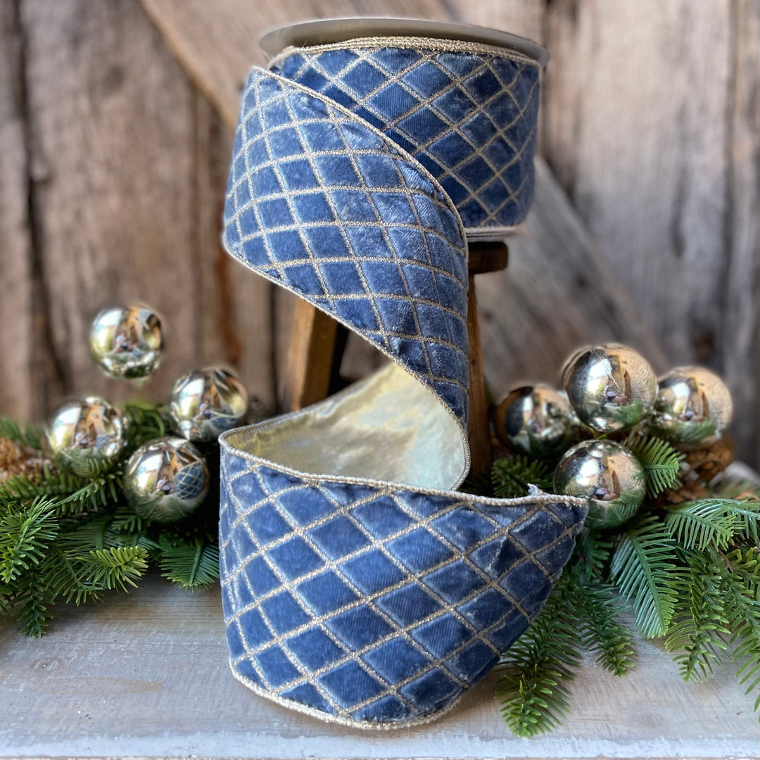 4" Steel Blue Metallic Diamonds Velvet Ribbon, Farrisilk Ribbon, BLUE Velvet