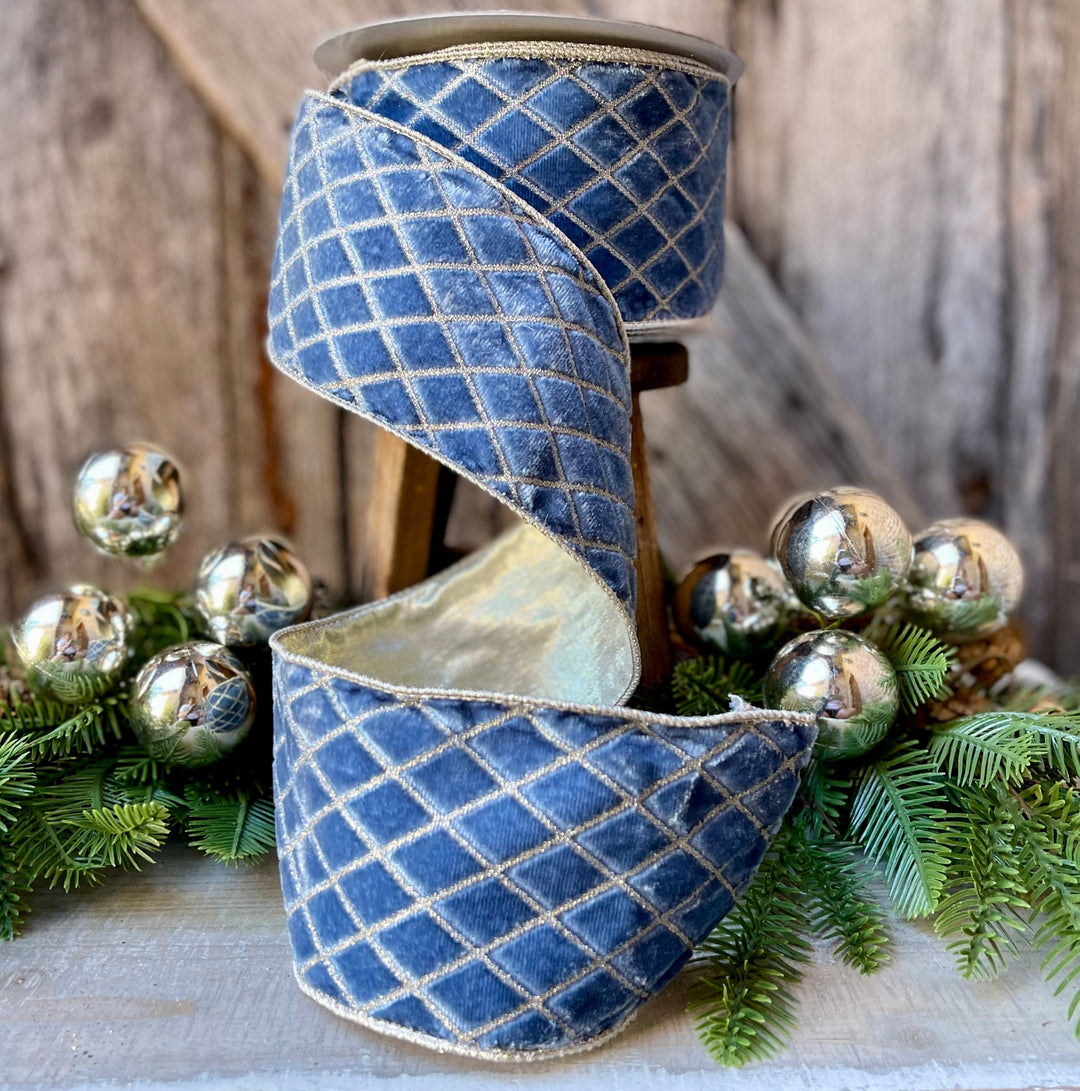 4" Steel Blue Metallic Diamonds Velvet Ribbon, Farrisilk Ribbon, BLUE Velvet