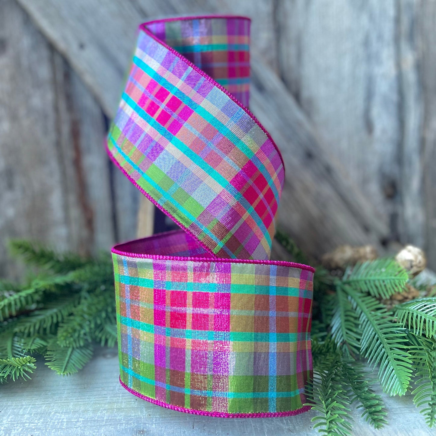 4" Christmas Pastel Candy Plaid Ribbon, Farrisilk Ribbon, Christmas Tree