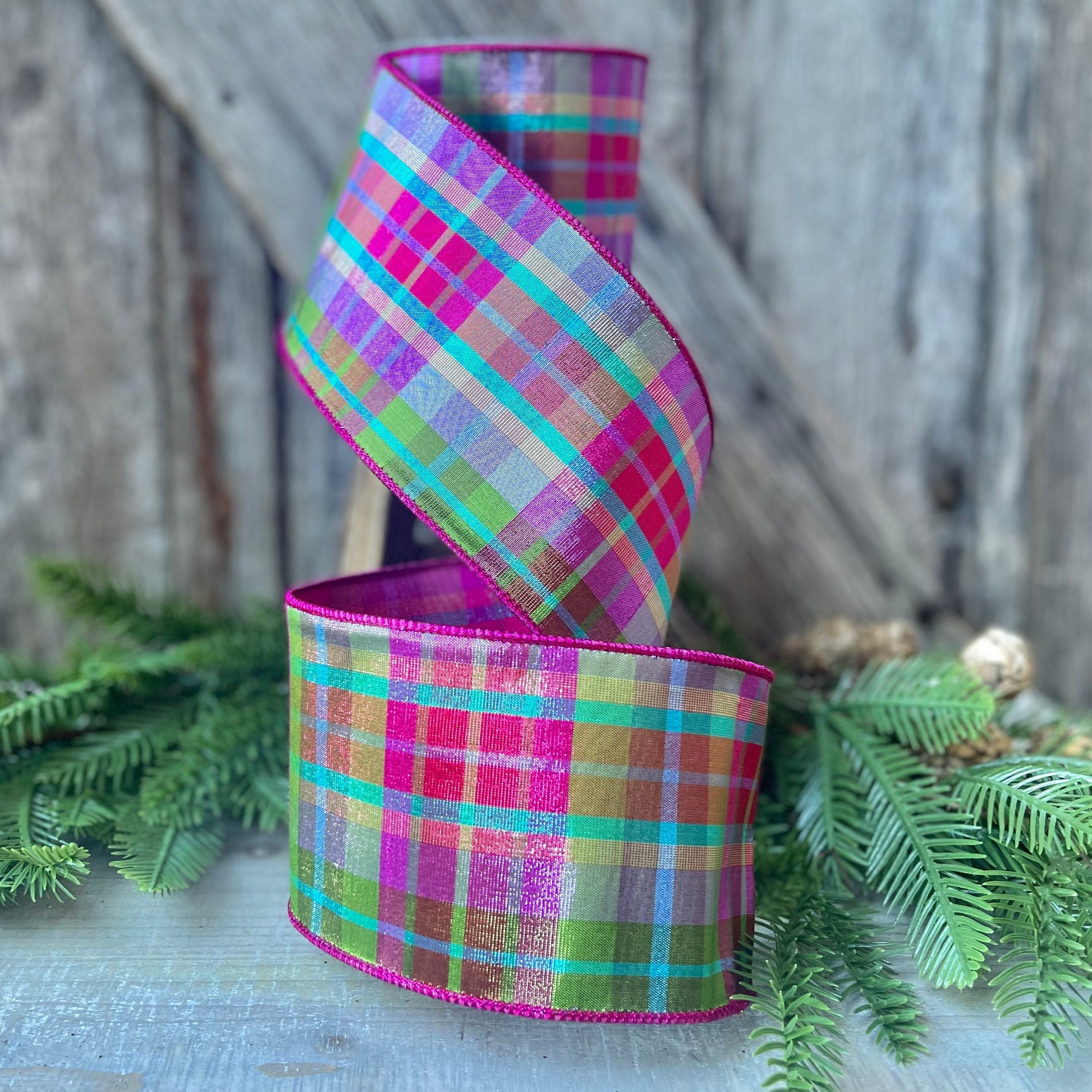 4" Christmas Pastel Candy Plaid Ribbon, Farrisilk Ribbon, Christmas Tree