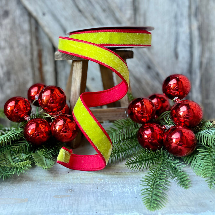 1" Lime Green Red Velvet Ribbon, Farrisilk ribbon, Christmas velvet ribbon