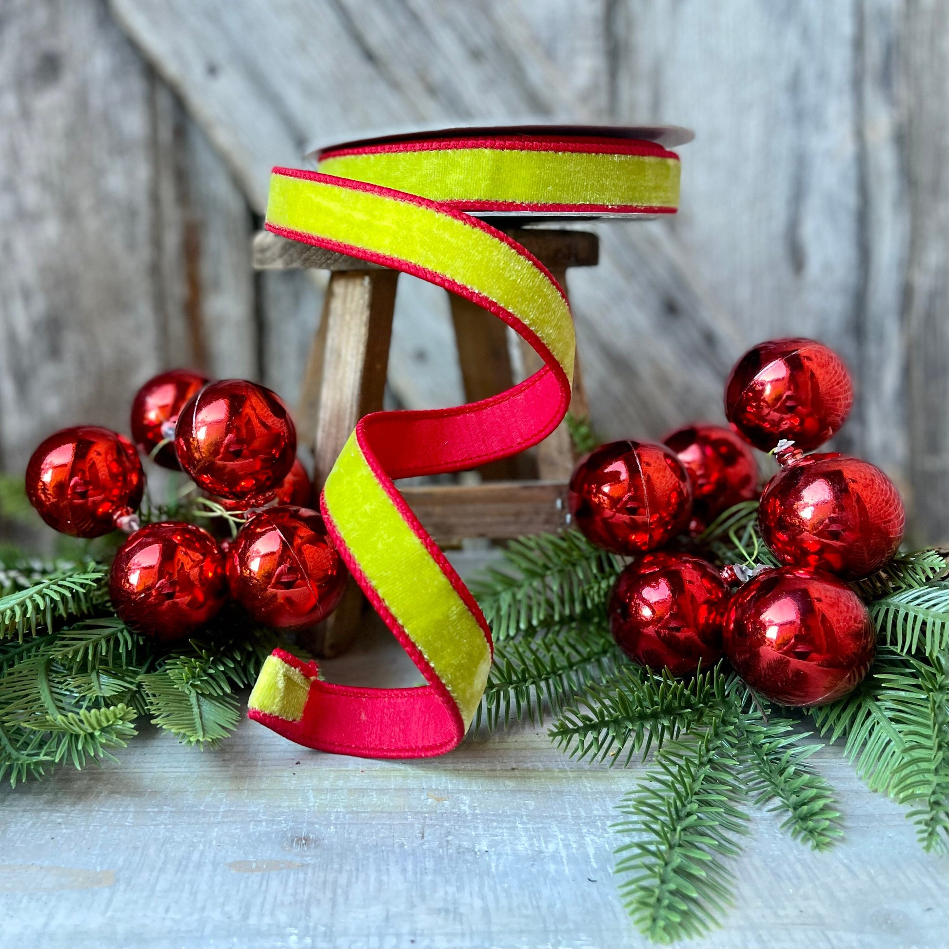 1" Two Tone Velvet in Lime Green and Red, Farrisilk ribbon, velvet ribbon
