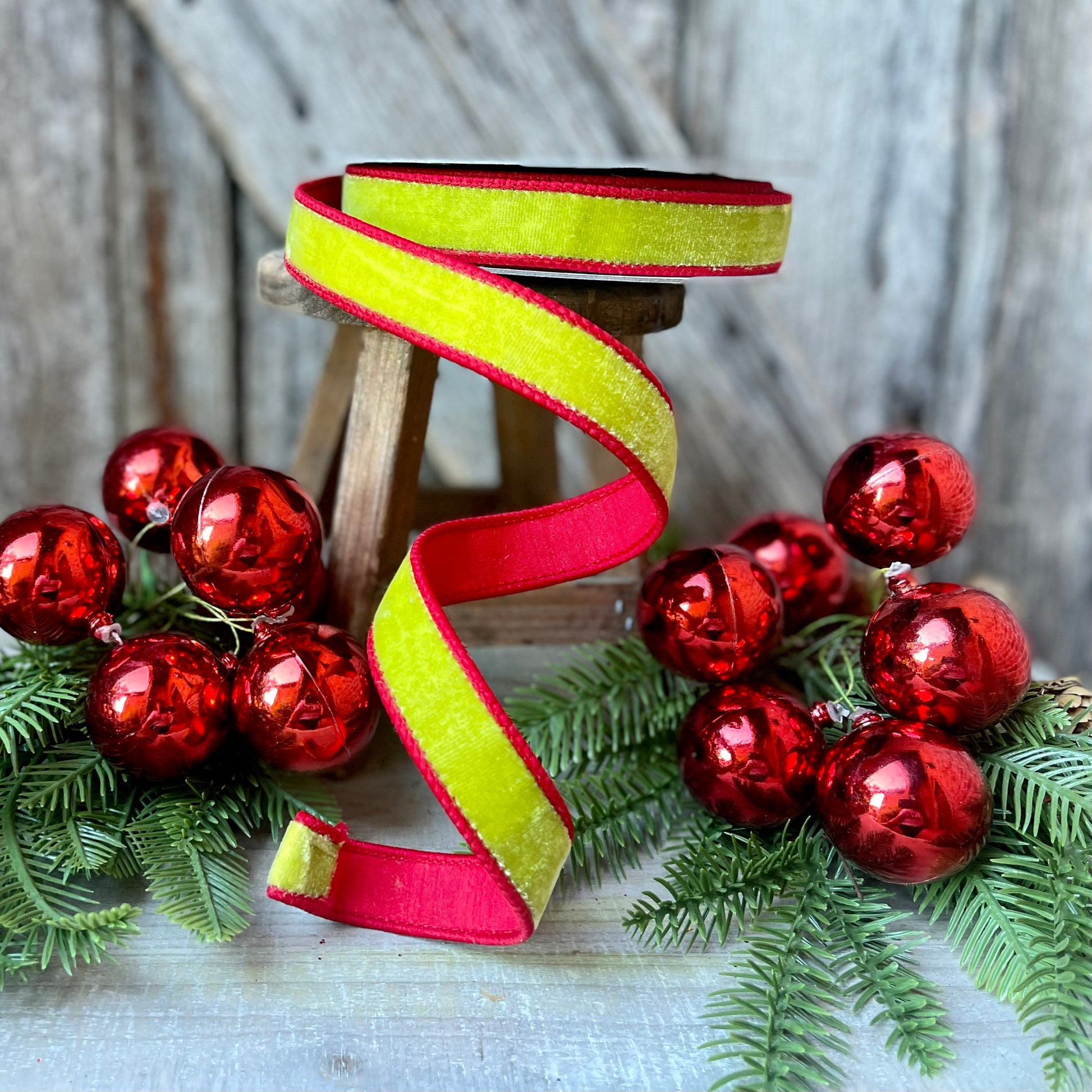 1" Two Tone Velvet in Lime Green and Red, Farrisilk ribbon, velvet ribbon