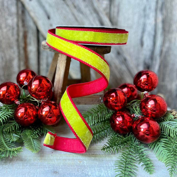 1" Lime Green Red Velvet Ribbon, Farrisilk ribbon, Christmas velvet ribbon