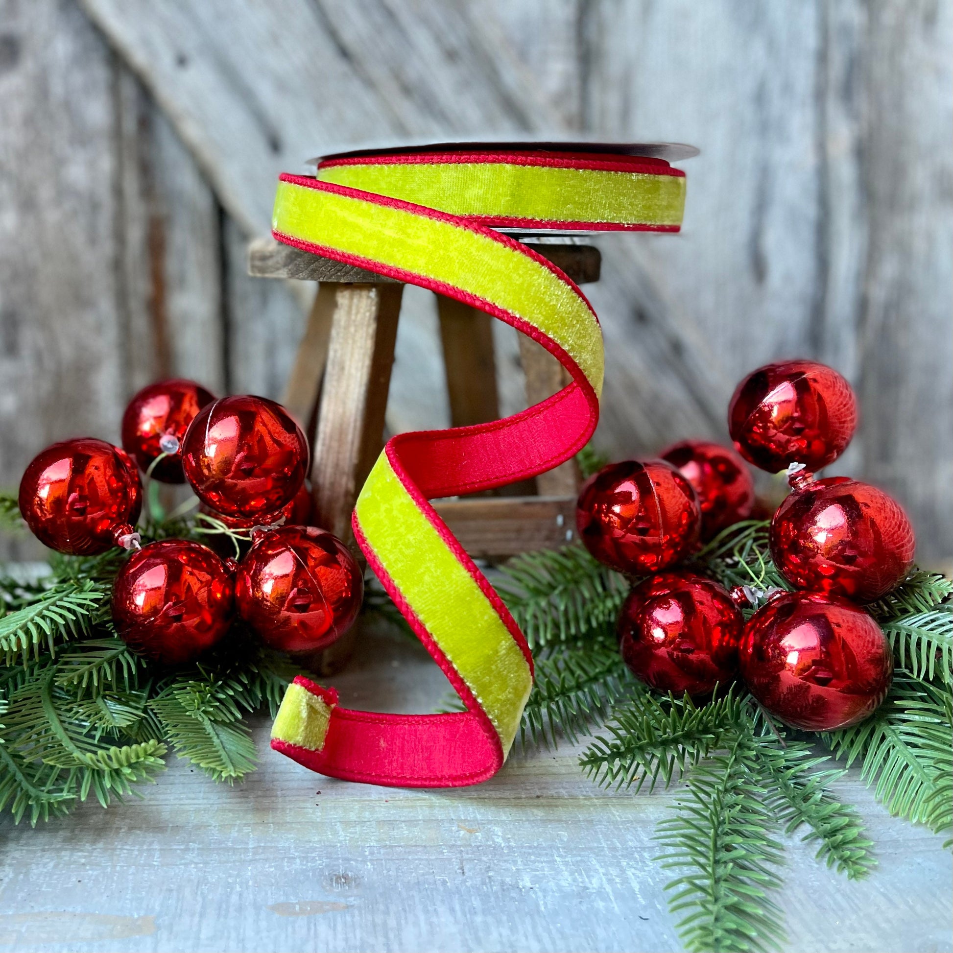 1" Two Tone Velvet in Lime Green and Red, Farrisilk ribbon, velvet ribbon