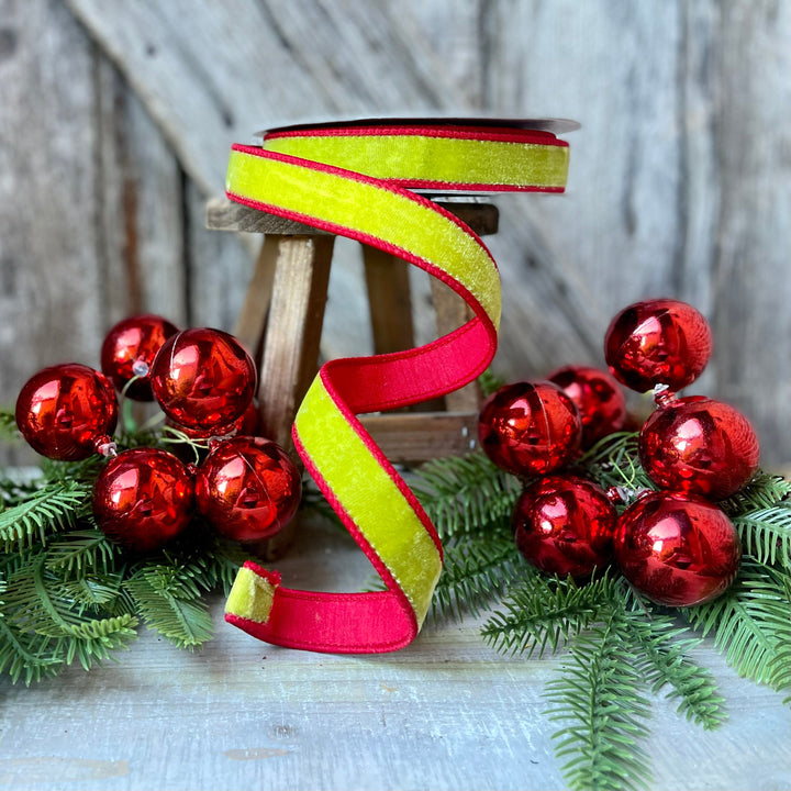 1" Lime Green Red Velvet Ribbon, Farrisilk ribbon, Christmas velvet ribbon