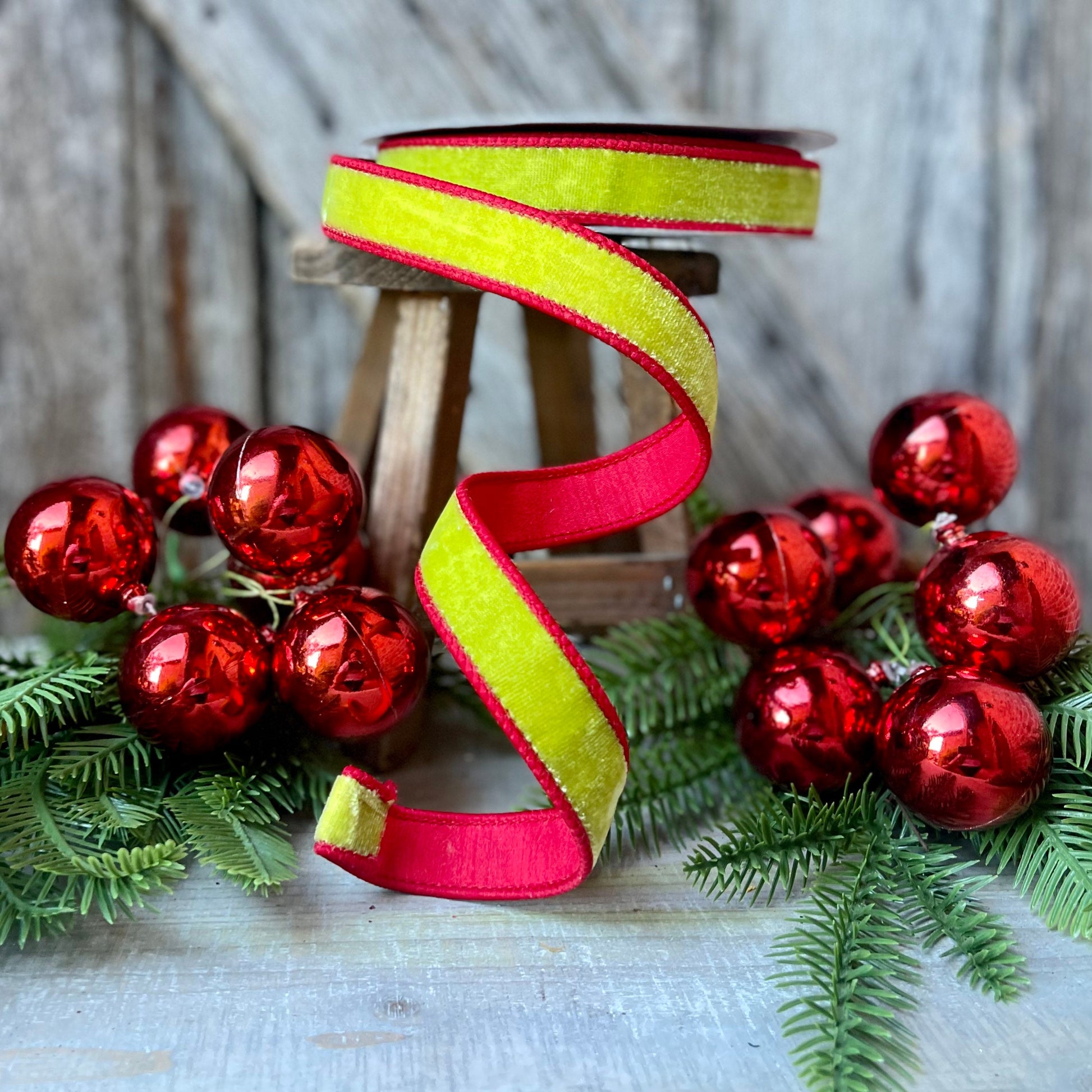 1" Two Tone Velvet in Lime Green and Red, Farrisilk ribbon, velvet ribbon