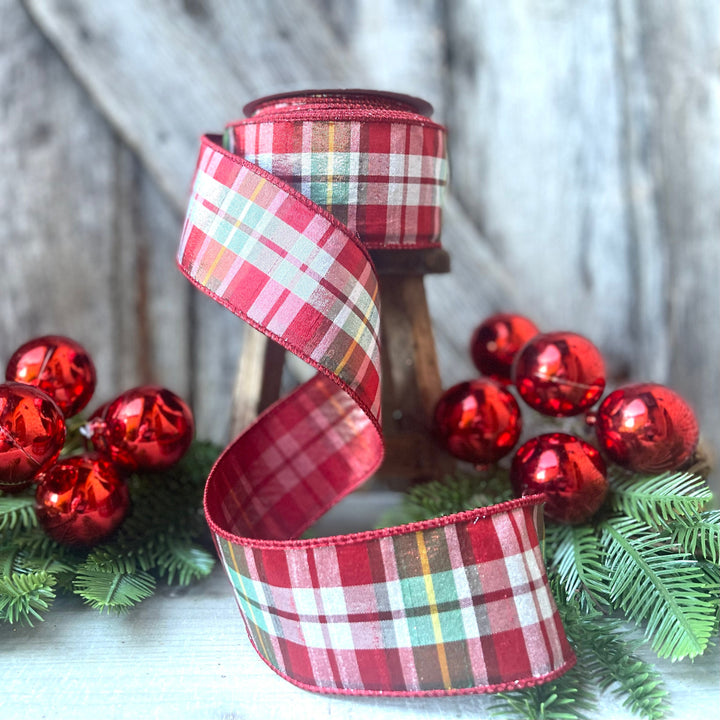 2.5" Christmas Red Green Candy Plaid Ribbon, Farrisilk Ribbon