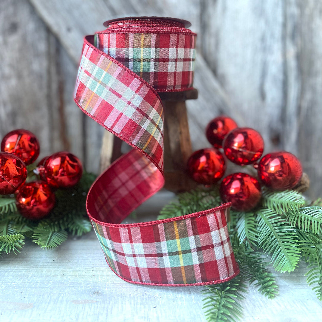 2.5" Christmas Red Green Candy Plaid Ribbon, Farrisilk Ribbon