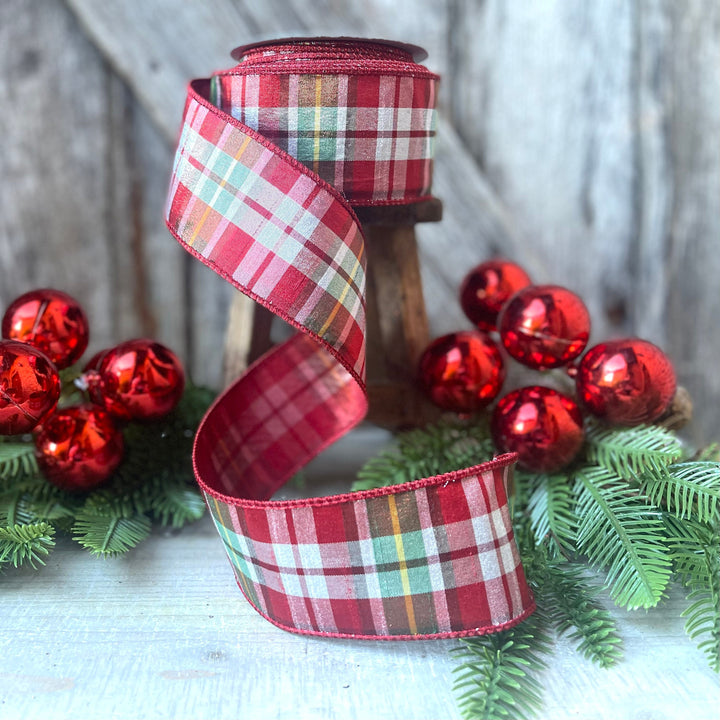 2.5" Christmas Red Green Candy Plaid Ribbon, Farrisilk Ribbon