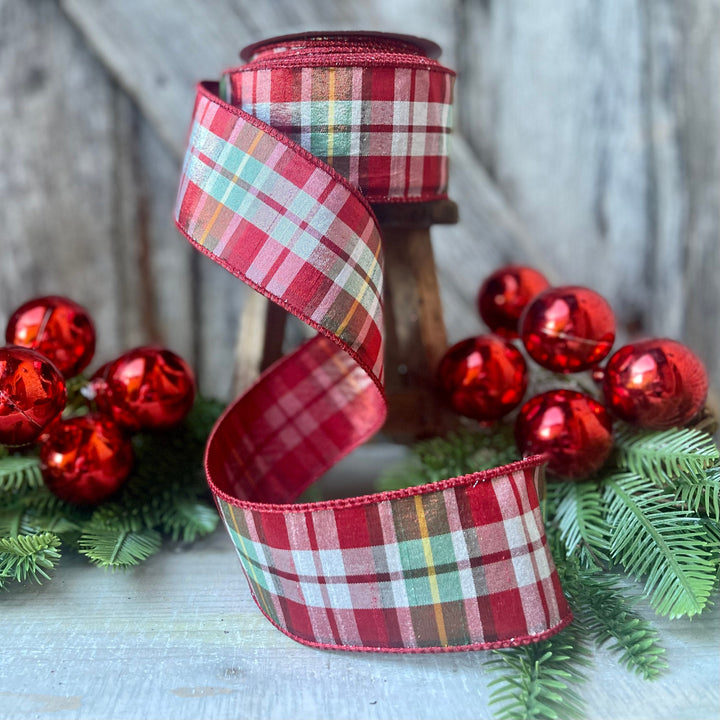 2.5" Christmas Red Green Candy Plaid Ribbon, Farrisilk Ribbon