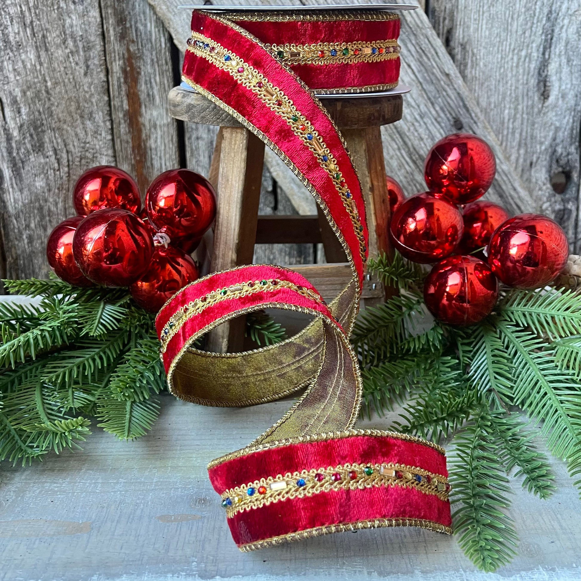 Red Velvet Jeweled Ribbon, Mutli colored Jeweled Ribbon, Christmas Ribbon