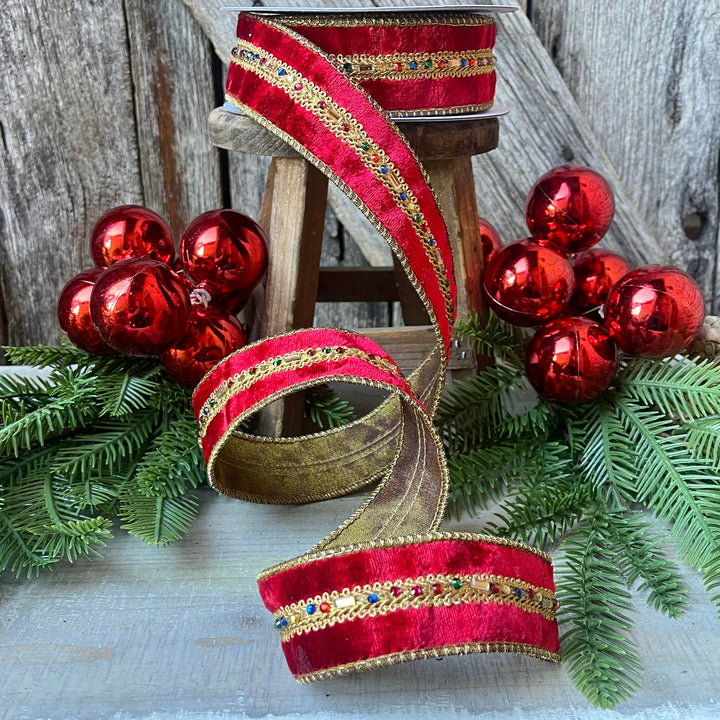 Red Velvet Jeweled Ribbon, Mutli colored Jeweled Ribbon