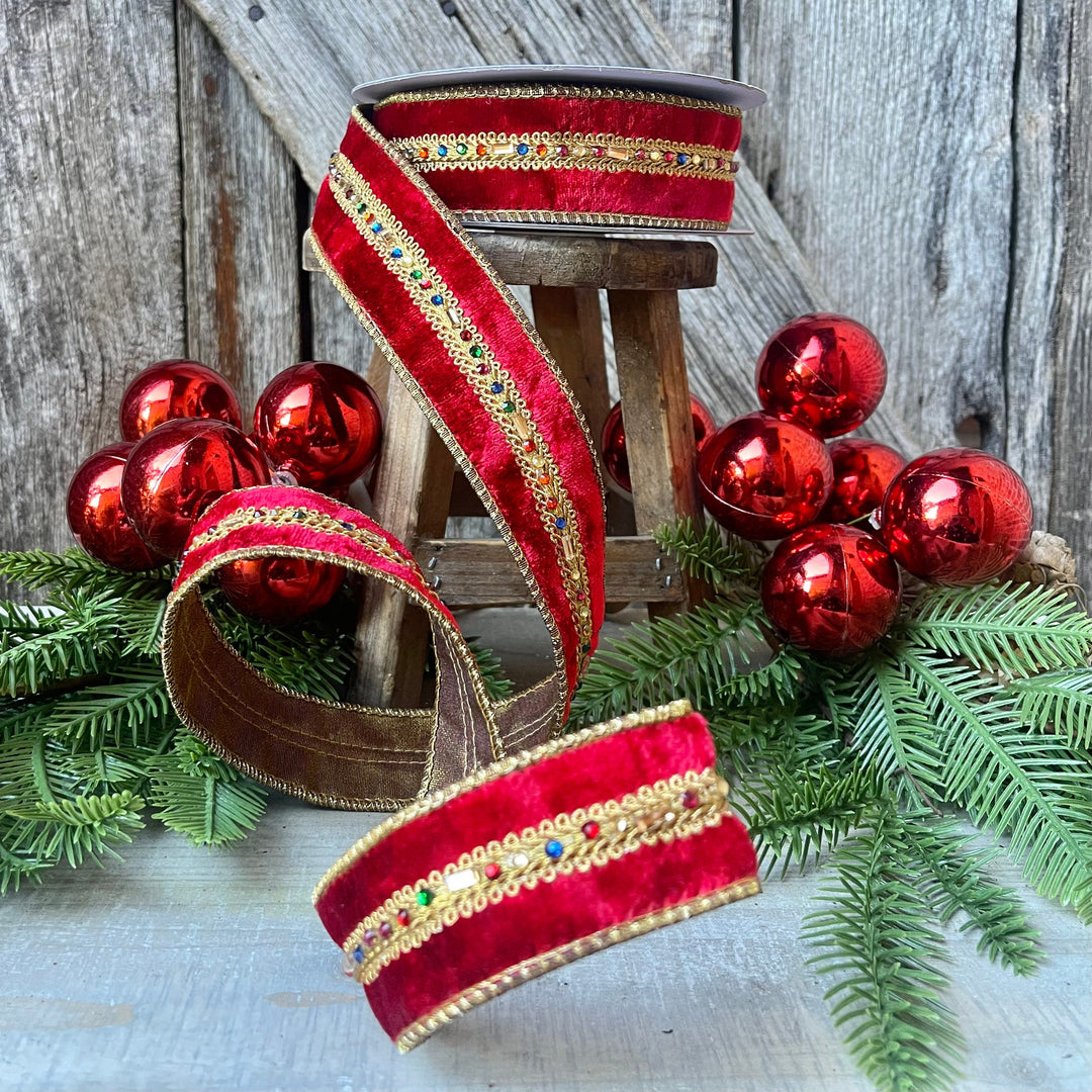 Red Velvet Jeweled Ribbon, Mutli colored Jeweled Ribbon