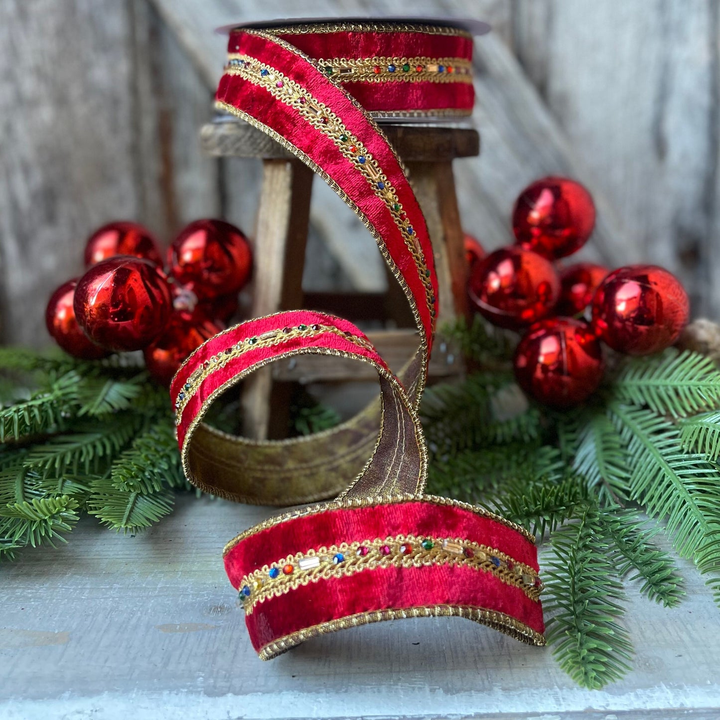 Red Velvet Jeweled Ribbon, Mutli colored Jeweled Ribbon, Christmas Ribbon