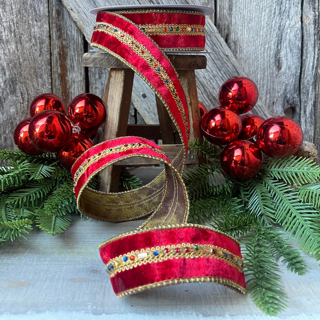Red Velvet Jeweled Ribbon, Mutli colored Jeweled Ribbon