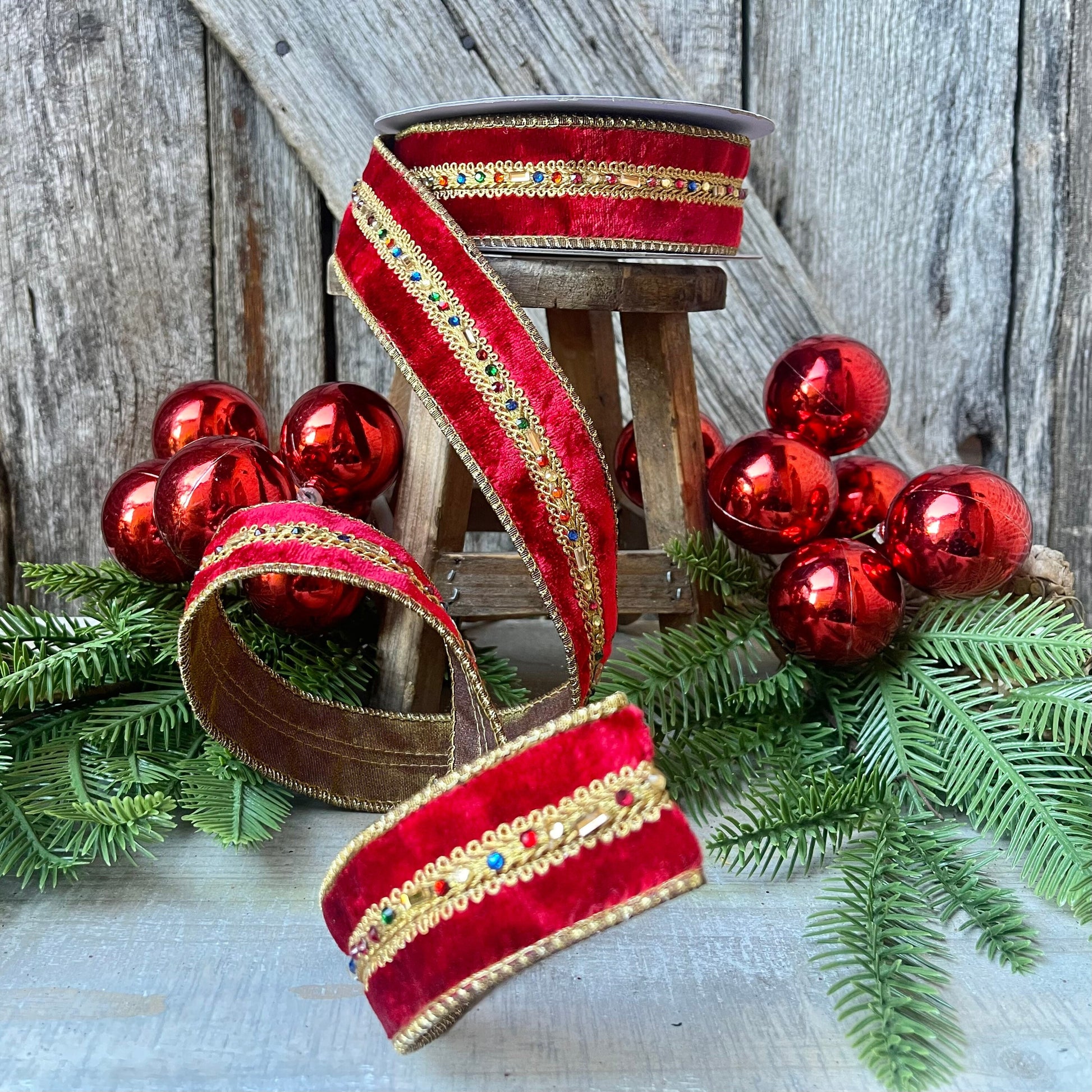 Red Velvet Jeweled Ribbon, Mutli colored Jeweled Ribbon, Christmas Ribbon